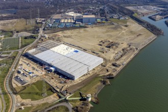 Aerial view, Logport 6, Duisport, near coal-fired power station Steak Walsum, Rhine, Alt-Walsum,