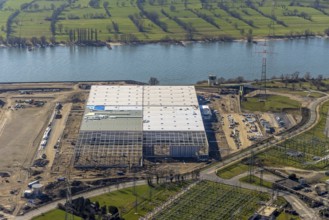 Aerial view, Logport 6, Duisport, near coal-fired power station Steak Walsum, Rhine, Alt-Walsum,