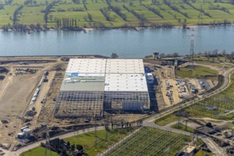 Aerial view, Logport 6, Duisport, near coal-fired power station Steak Walsum, Rhine, Alt-Walsum,