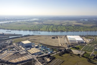 Aerial view, Logport 6, Duisport, near coal-fired power station Steak Walsum, Rhine, Alt-Walsum,