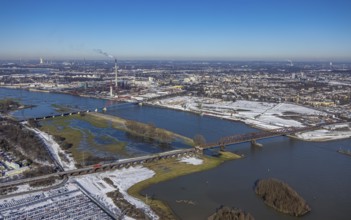 Aerial view, Rheinhausen bridge tower with Hochfeld railway bridge, Rhine river, demolition of wire