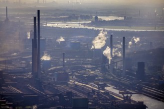 Aerial view, thyssenkrupp Steel Europe backlit, river Rhine, Marxloh, Duisburg, Ruhr area, North