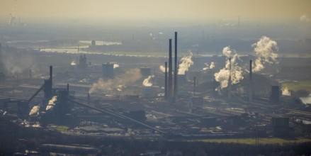 Aerial view, thyssenkrupp Steel Europe backlit, Marxloh, Duisburg, Ruhr area, North