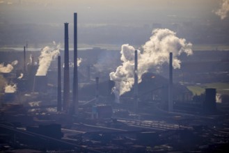 Aerial view, thyssenkrupp Steel Europe backlit, Marxloh, Duisburg, Ruhr area, North