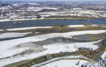 Aerial view, frozen Rhine meadows Ehingen, Mündelheim, Duisburg, Ruhr area, North Rhine-Westphalia,