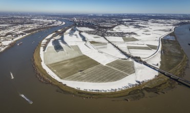 Aerial view, river Rhine, Rheinaue Ehingen with view of Mündelheim, Krefeld-Uerdingen bridge,