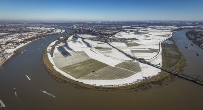 Aerial view, river Rhine, Rheinaue Ehingen with view of Mündelheim, Krefeld-Uerdingen bridge,