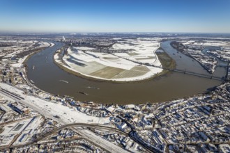 Aerial view, river Rhine, Rheinaue Ehingen with view of Mündelheim, Krefeld-Uerdingen bridge,