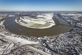 Aerial view, river Rhine, Rheinaue Ehingen with view of Mündelheim, Krefeld-Uerdingen bridge,