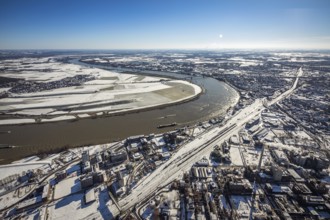 Aerial view, river Rhine, Rheinaue Ehingen with view of Mündelheim, Krefeld-Uerdingen bridge,