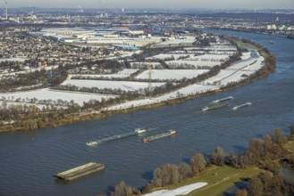 Aerial view, The Rhine with cargo ships at the Krupp Mannesmann smelting works, with a view of the