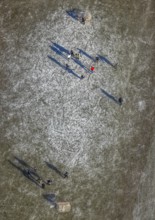 Aerial view, frozen Rhine meadow Ehingen, ice hockey players, Mündelheim, Duisburg, Ruhr area,