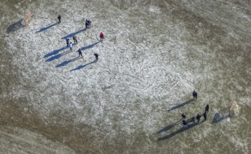 Aerial view, frozen Rhine meadow Ehingen, ice hockey players, Mündelheim, Duisburg, Ruhr area,