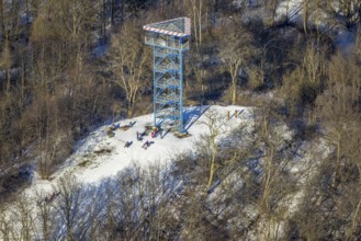 Aerial view, Sechs-Seen-Platte, sledging at the Haubachwald observation tower, Wedau, Duisburg,