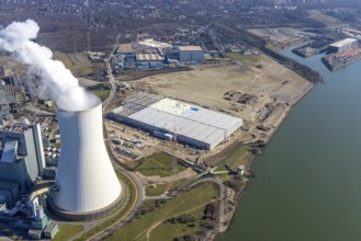 Aerial view, Logport 6, Duisport, near coal-fired power station Steak Walsum, Rhine, Alt-Walsum,