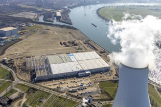 Aerial view, Logport 6, Duisport, near coal-fired power station Steak Walsum, Rhine, Alt-Walsum,