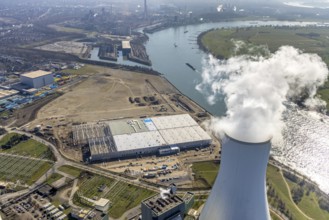 Aerial view, Logport 6, Duisport, near coal-fired power station Steak Walsum, Rhine, Alt-Walsum,