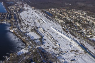 Aerial view, former Wedau marshalling yard, water tower, planned new Duisburg residential quarter,