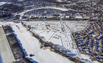 Aerial view, new housing estate Angerbogen, Am Alten Angerbach, construction area planned