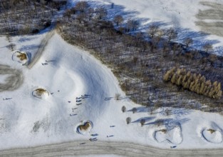 Aerial view, snow-covered golf course Huckingen and walkers, Huckingen, Duisburg, Ruhr area, North