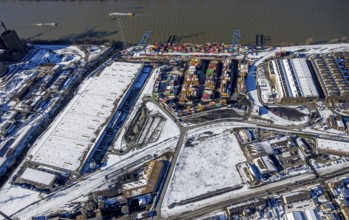 Aerial view, Logport II, warehouse and goods handling, river Rhine, Wanheim-Angerhausen, Duisburg,