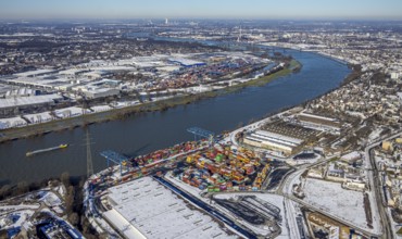Aerial view, Logport II, warehouse and goods handling, river Rhine, Hüttenheim, Duisburg, Ruhr