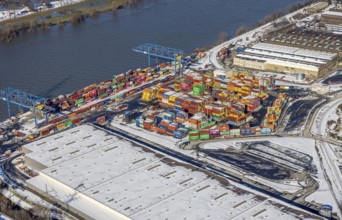 Aerial view, Logport II, warehouse and cargo handling, river Rhine, Tiger & Turtle artwork,