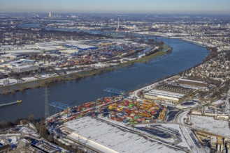Aerial view, Logport II, warehouse and goods handling, river Rhine, Hüttenheim, Duisburg, Ruhr