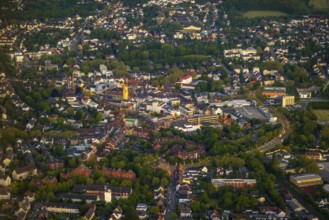 Aerial view, city centre and old town market with catholic church St. Lambertus, Castroperholz,
