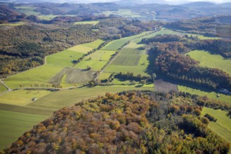 Aerial view, nature reserve Romberg forest area with forest damage in Brilon, Sauerland, North