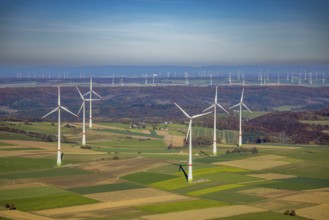Aerial view, distant view and wind farm in Brilon, Sauerland, North Rhine-Westphalia, Germany,