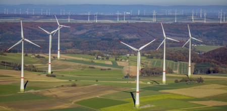 Aerial view, distant view and wind farm in Brilon, Sauerland, North Rhine-Westphalia, Germany,