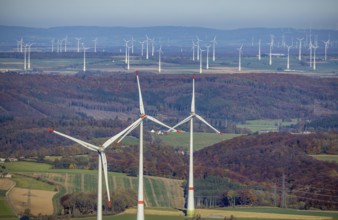 Aerial view, distant view and wind farm in Brilon, Sauerland, North Rhine-Westphalia, Germany,
