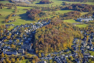 Aerial view, forest Drübel - nature reserve in autumn colours and vehicle registration office