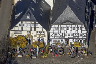Aerial view, half-timbered inns at the market with outdoor catering in Brilon, Sauerland, North