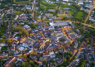 Aerial view, city centre and old town market with catholic church St. Lambertus, Rauxel,