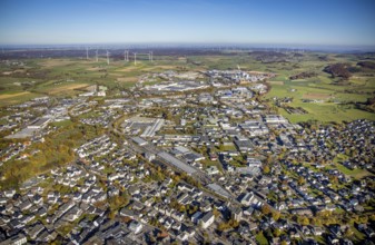 Aerial view, industrial area Brilon with Egger Holzwerkstoffe GmbH and wind farm in the background