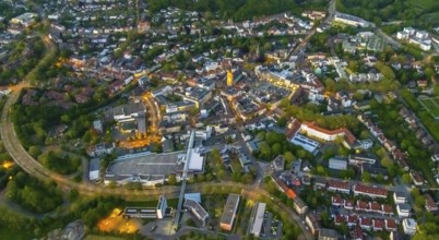Aerial view, city centre and old town market with catholic church St. Lambertus, Castrop-Rauxel,