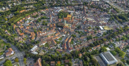 Aerial view, old town and green old town ring with catholic St. Lamberti church at the market