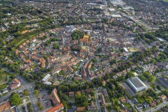 Aerial view, old town and green old town ring with catholic St. Lamberti church at the market