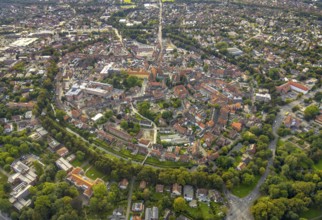 Aerial view, old town and green old town ring with catholic St. Lamberti church at the market