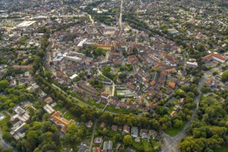 Aerial view, old town and green old town ring with catholic St. Lamberti church at the market