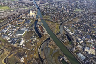 Aerial view, The water cross Castrop-Rauxel with crossing of Emscher and Rhine-Herne-Canal in the