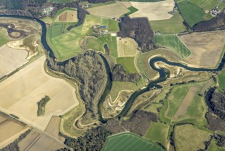 Aerial view, Lippe reorganisation, river Lippe, renaturation, new Lippe meanders, restoration of