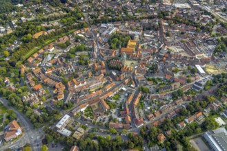 Aerial view, old town and green old town ring with catholic St. Lamberti church at the market
