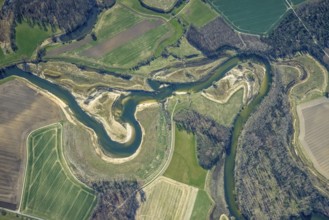 Aerial view, Lippe reorganisation, river Lippe, renaturation, new Lippe meanders, restoration of