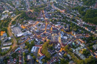 Aerial view, city centre and old town market with catholic church St. Lambertus, Castrop-Rauxel,