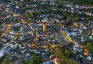 Aerial view, city centre and old town market with catholic church St. Lambertus, Castrop-Rauxel,