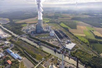 Aerial view of the power plant facilities and exhaust gas towers of the coal-fired power plant