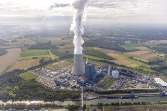 Aerial view of the power plant facilities and exhaust gas towers of the coal-fired power plant